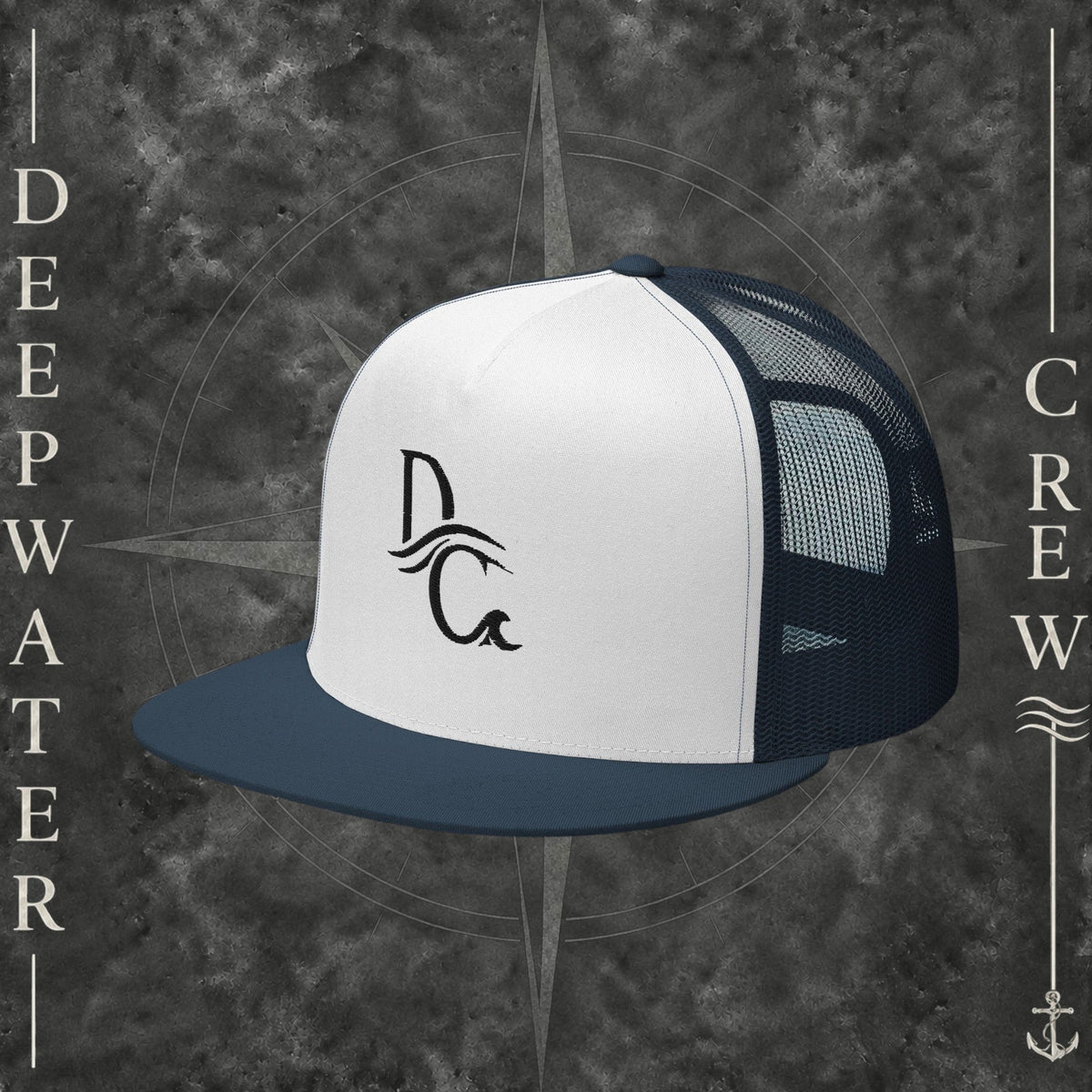 Deepwater Crew Co. white and navy blue five-panel trucker cap with a flat bill and embroidered logo.
