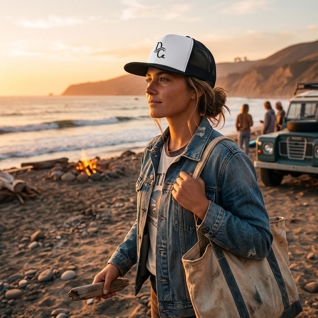 Woman wearing a Deepwater Crew Co. white and black trucker cap with a flat bill on a beach at sunset.