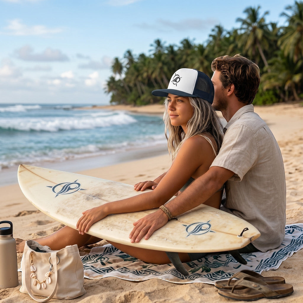 Deepwater Crew Co. trucker cap with white front and navy mesh back, worn by a woman on a sunny tropical beach.