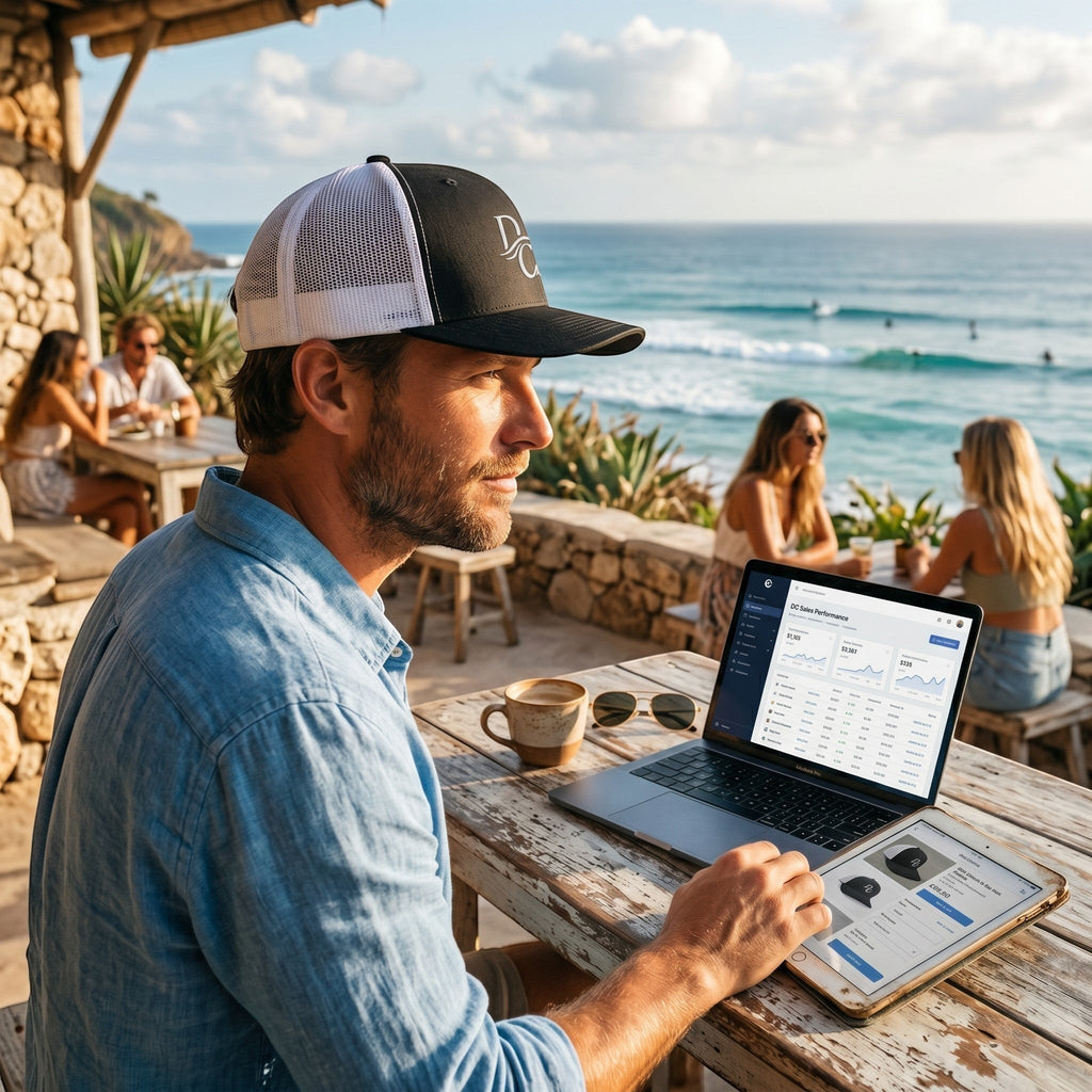 Deepwater Crew Co. black and white trucker cap with embroidered logo worn by a man working on a laptop at a beach bar.