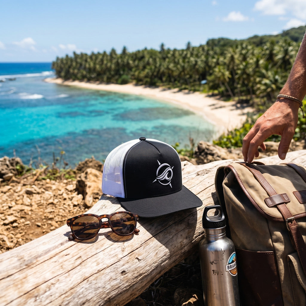 Deepwater Crew Co. black and white trucker cap with embroidered logo on a log overlooking a tropical beach