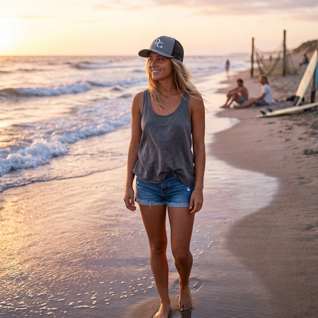 Deepwater Crew Co. trucker cap with DC wave logo worn by a woman walking on the beach at sunset