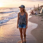 Deepwater Crew Co. trucker cap with DC wave logo worn by a woman walking on the beach at sunset