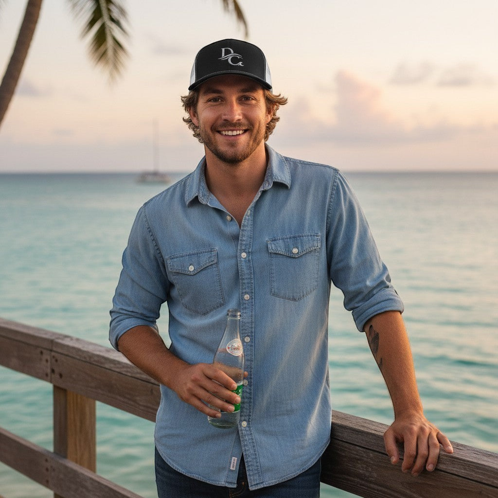 Deepwater Crew Co. trucker cap with wave logo worn by a smiling man in a denim shirt on a wooden pier at sunset