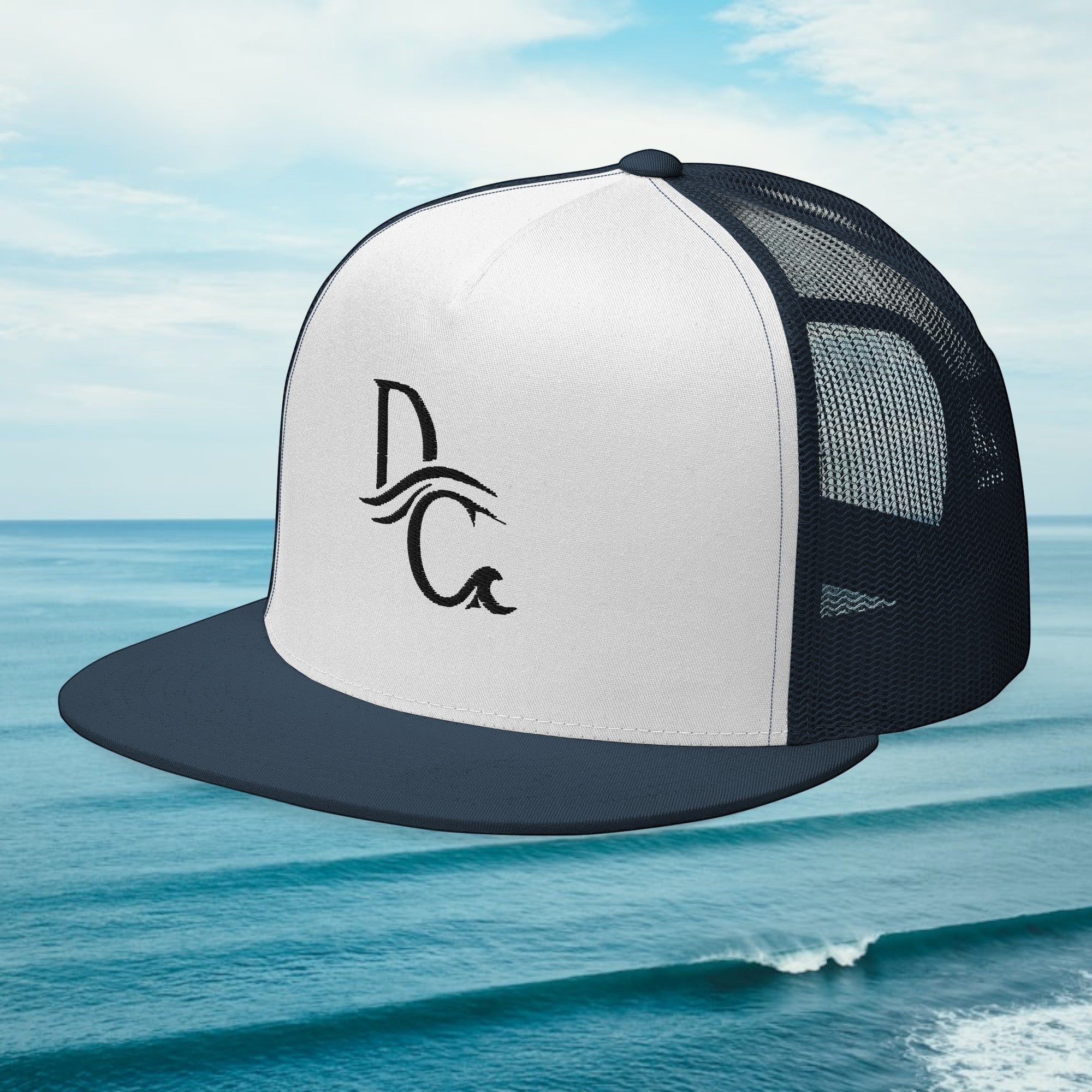 Deepwater Crew Co. white and navy blue five-panel trucker cap with a flat bill and embroidered logo.