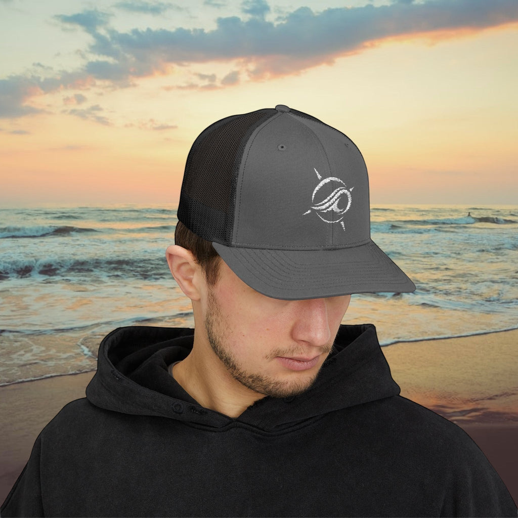 Deepwater Crew Co. charcoal grey trucker hat with white wave logo and black mesh back. Adjustable snapback closure.