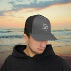Deepwater Crew Co. charcoal grey trucker hat with white wave logo and black mesh back. Adjustable snapback closure.