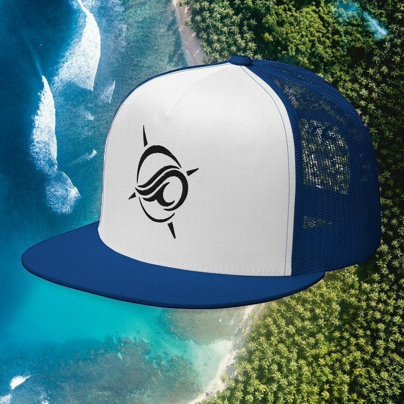Deepwater Crew Co. white and blue five-panel trucker hat with a flat bill and embroidered wave-and-compass logo.
