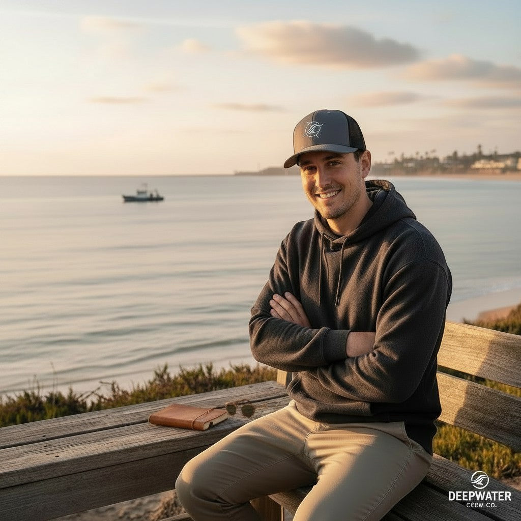 Deepwater Crew Co. dark grey trucker hat with embroidered logo, mesh back, and curved brim.