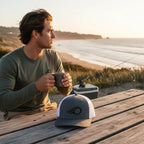 Deepwater Crew Co. dark grey and white trucker hat with embroidered wave logo, adjustable snapback closure.