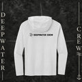 Deepwater Crew Co. White DC  Tri-blend long sleeve hoodie. Back view of hoodie with a nautical compass logo graphic and Deepwater Crew lettering beside it.