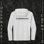 Deepwater Crew Co. White DC  Tri-blend long sleeve hoodie. Back view of hoodie with a nautical compass logo graphic and Deepwater Crew lettering beside it.