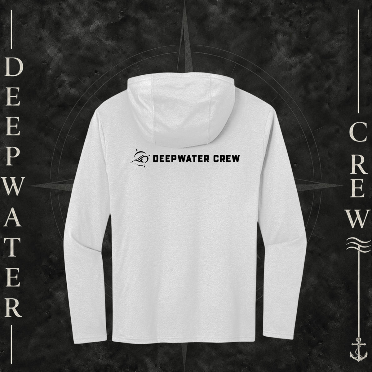 Deepwater Crew Co. White DC  Tri-blend long sleeve hoodie. Back view of hoodie with a nautical compass logo graphic and Deepwater Crew lettering beside it.