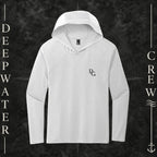 Deepwater Crew Co. White DC tri-blend long sleeve hoodie. Front view with a small black DC logo on the left chest.