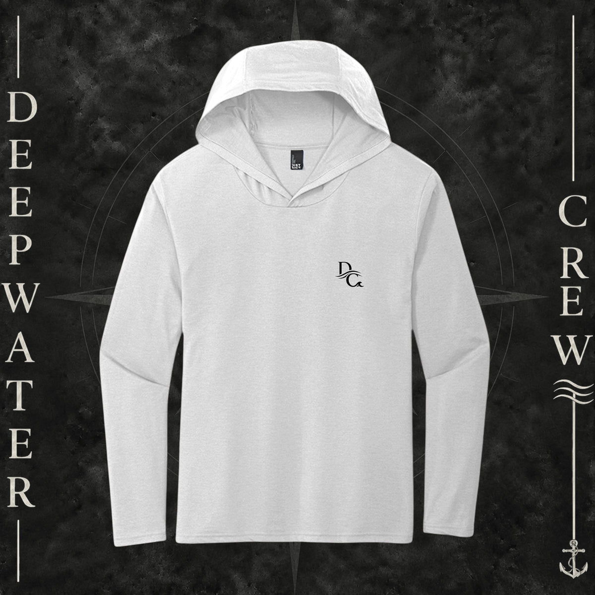 Deepwater Crew Co. White DC tri-blend long sleeve hoodie. Front view with a small black DC logo on the left chest.