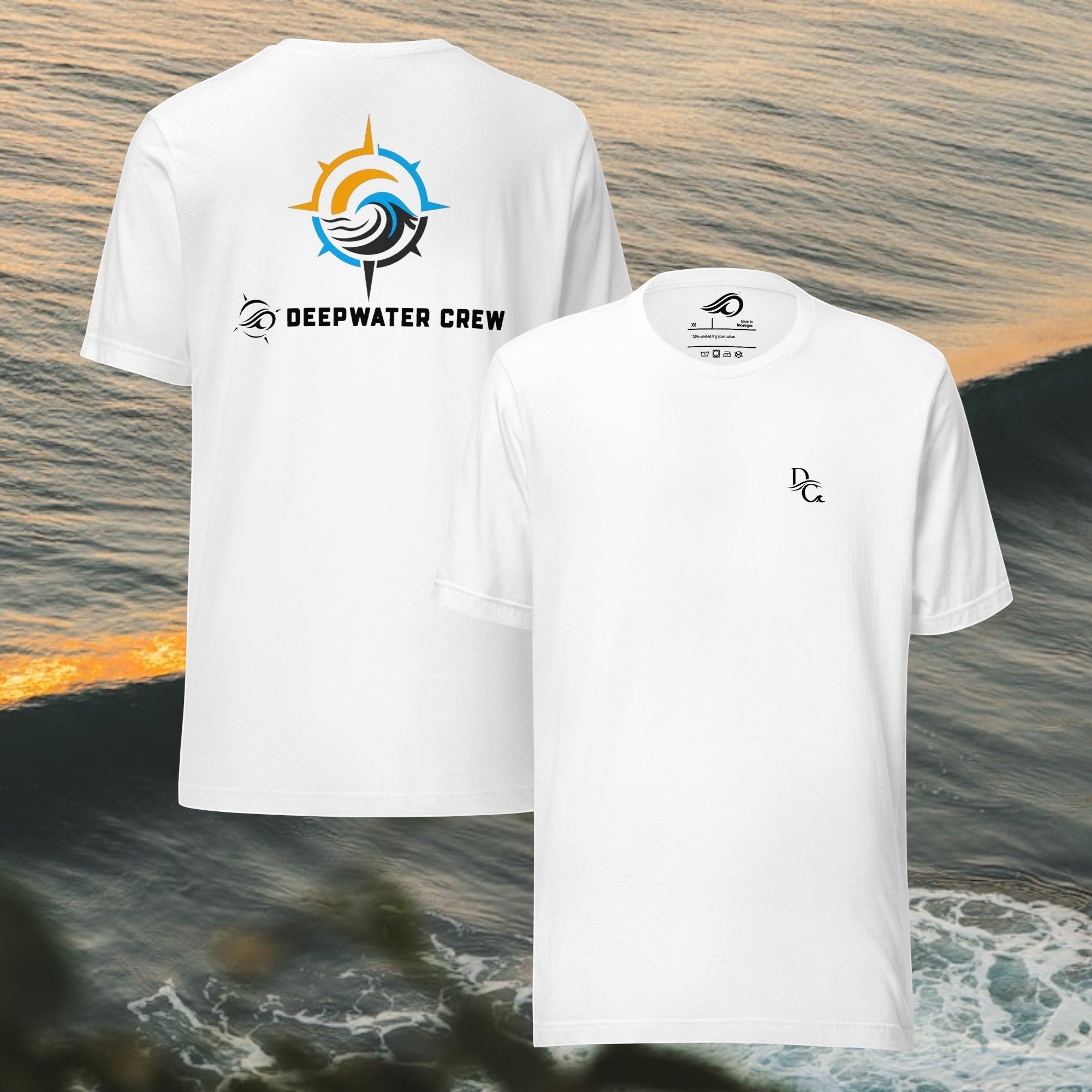 Deepwater Crew Co. white cotton crew neck t-shirt with minimalist front logo and large back compass wave graphic.
