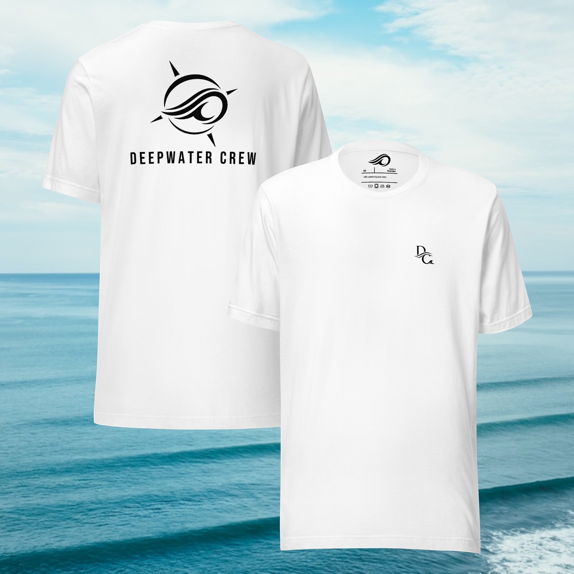 Deepwater Crew Co. white cotton t-shirt with minimalist front logo and large back graphic against an ocean backdrop.