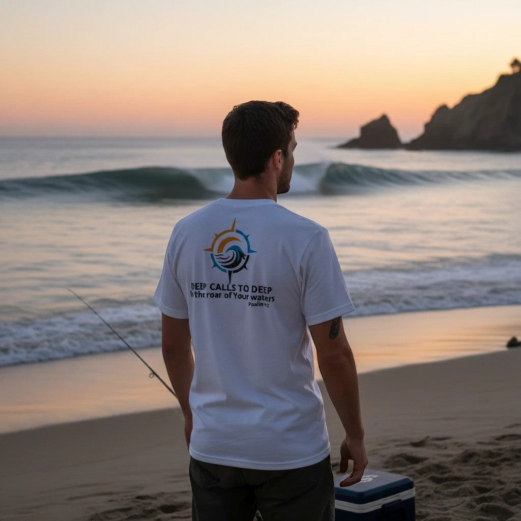 Deepwater Crew Co. white 100% cotton t-shirt with a compass graphic and text on the back.
