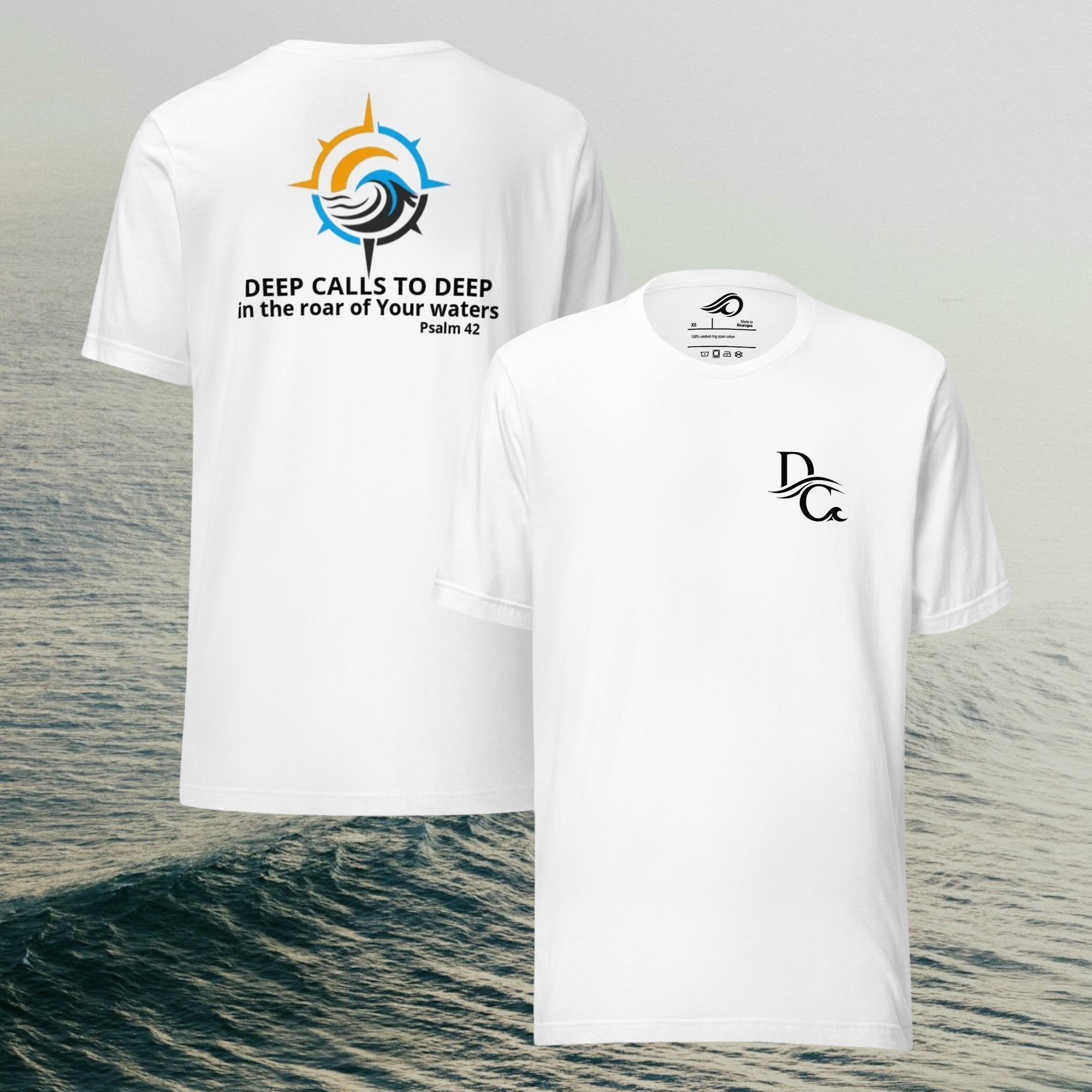 Deepwater Crew Co. white 100% cotton t-shirt with 'DEEP CALLS TO DEEP' graphic on back and DC logo on front.