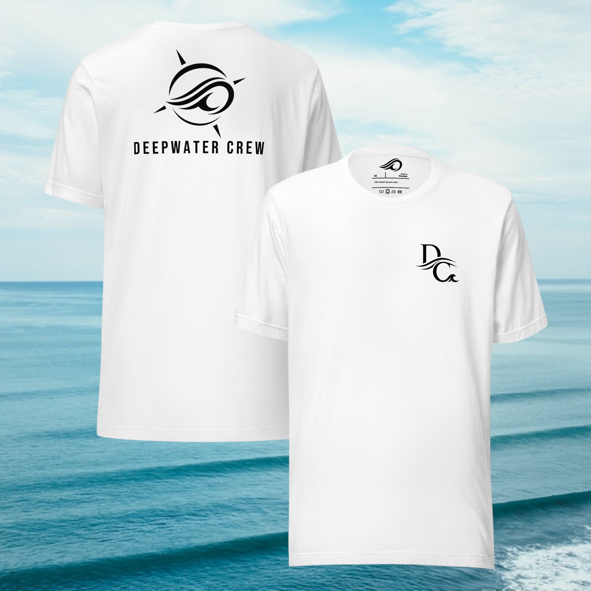 Deepwater Crew Co. white 100% cotton t-shirt with minimal logo on front and large wave compass logo with text on back.