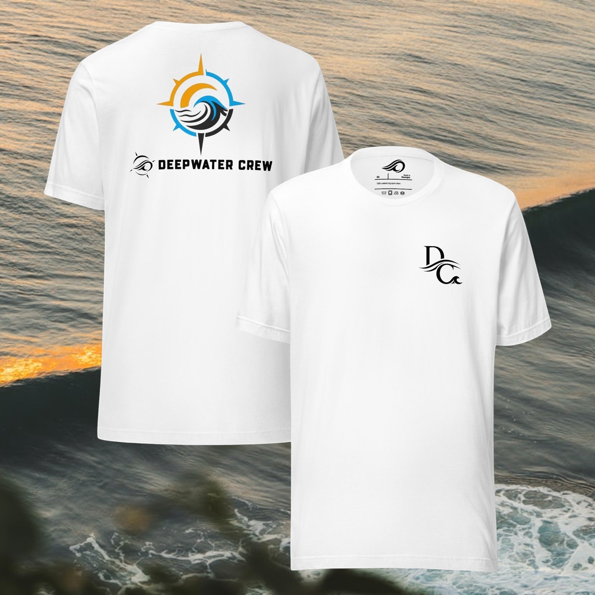 Deepwater Crew Co. white 100% cotton t-shirt with a compass logo and text on back, small logo on front.