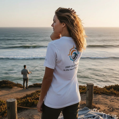 Woman wearing a white Deepwater Crew Co. cotton t-shirt with a nautical graphic on the back at the ocean shore.