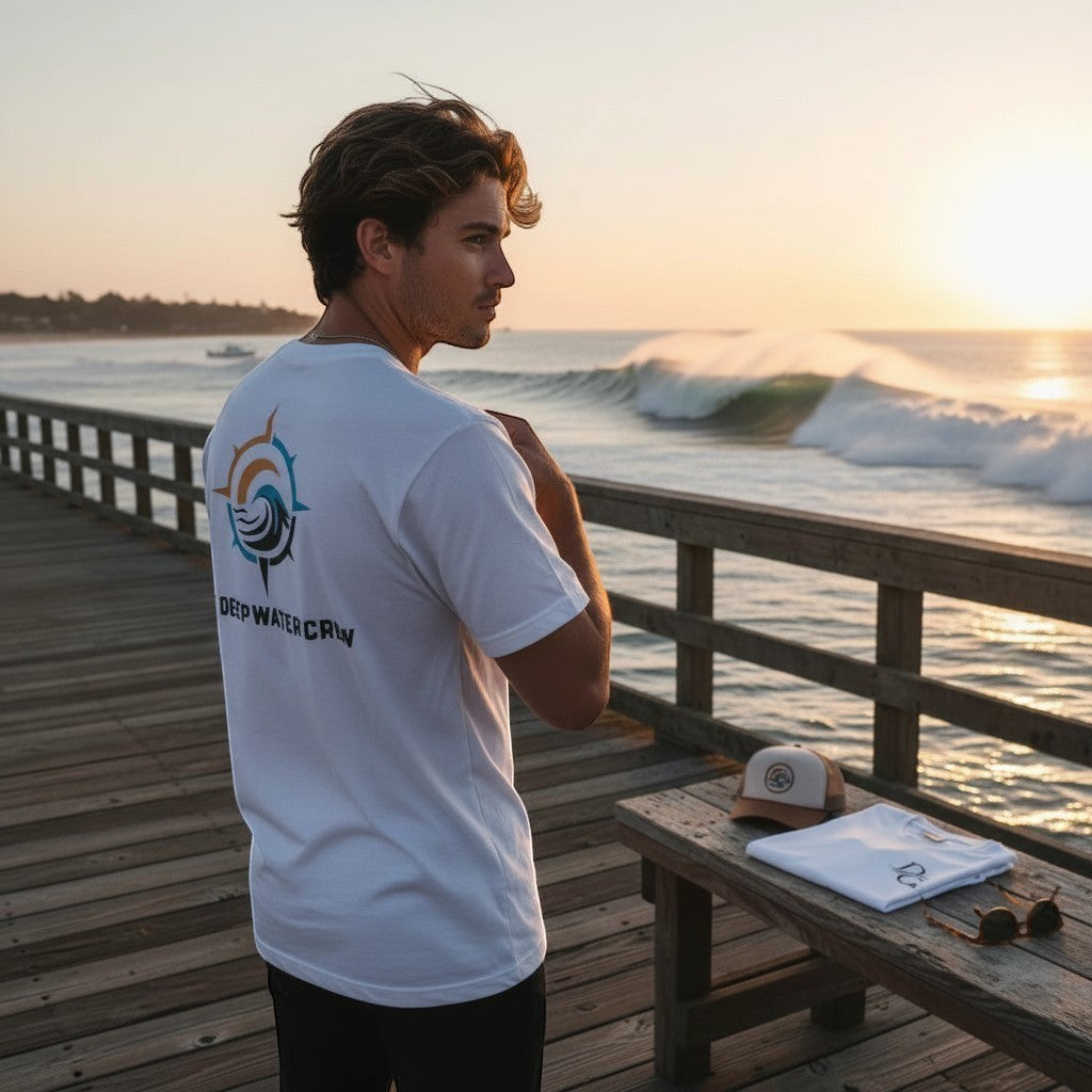 Deepwater Crew Co. white cotton t-shirt with ocean-inspired back graphic worn by a man on a pier at sunset.