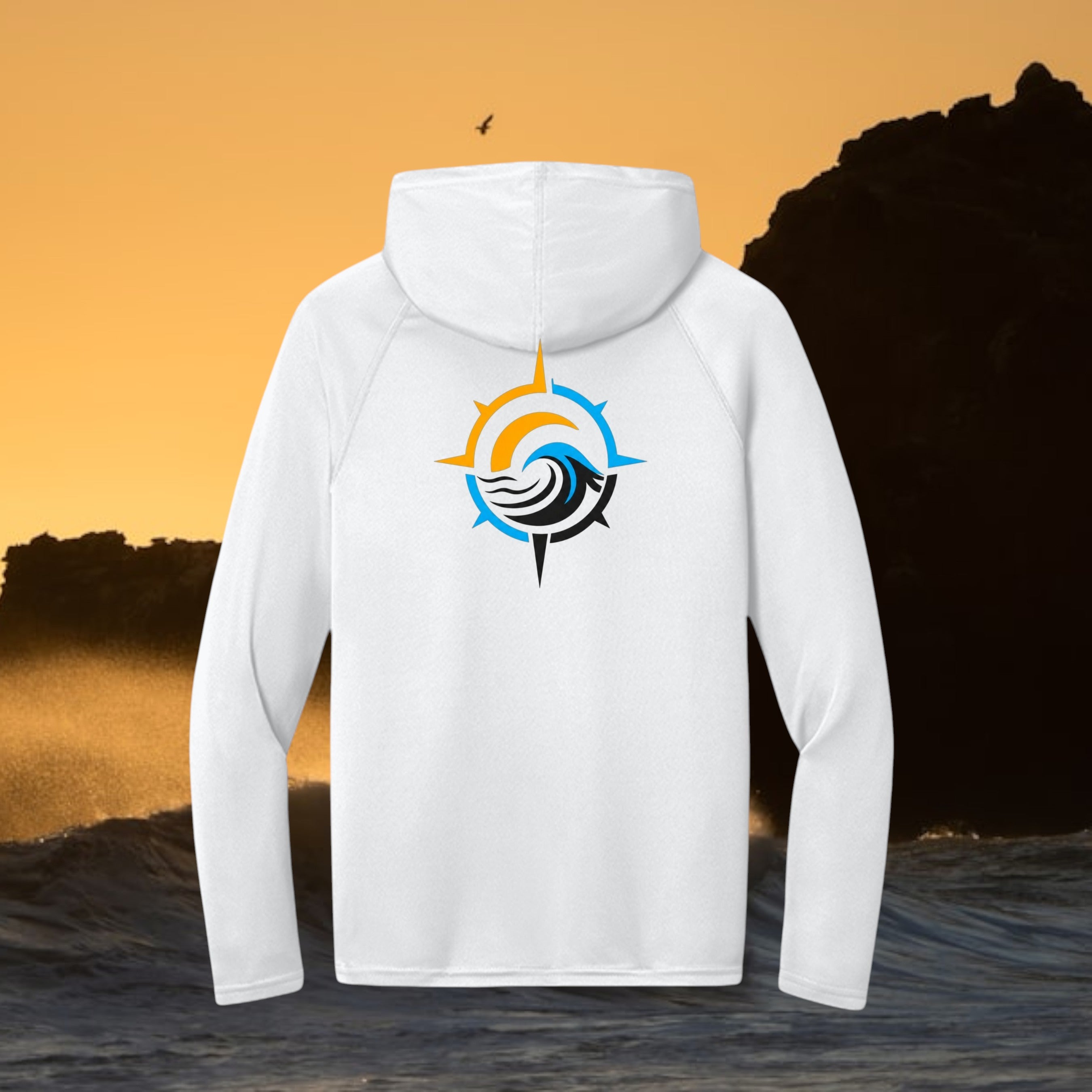 Deepwater Crew Co. white long-sleeve hooded performance shirt with a colorful compass wave logo on the back