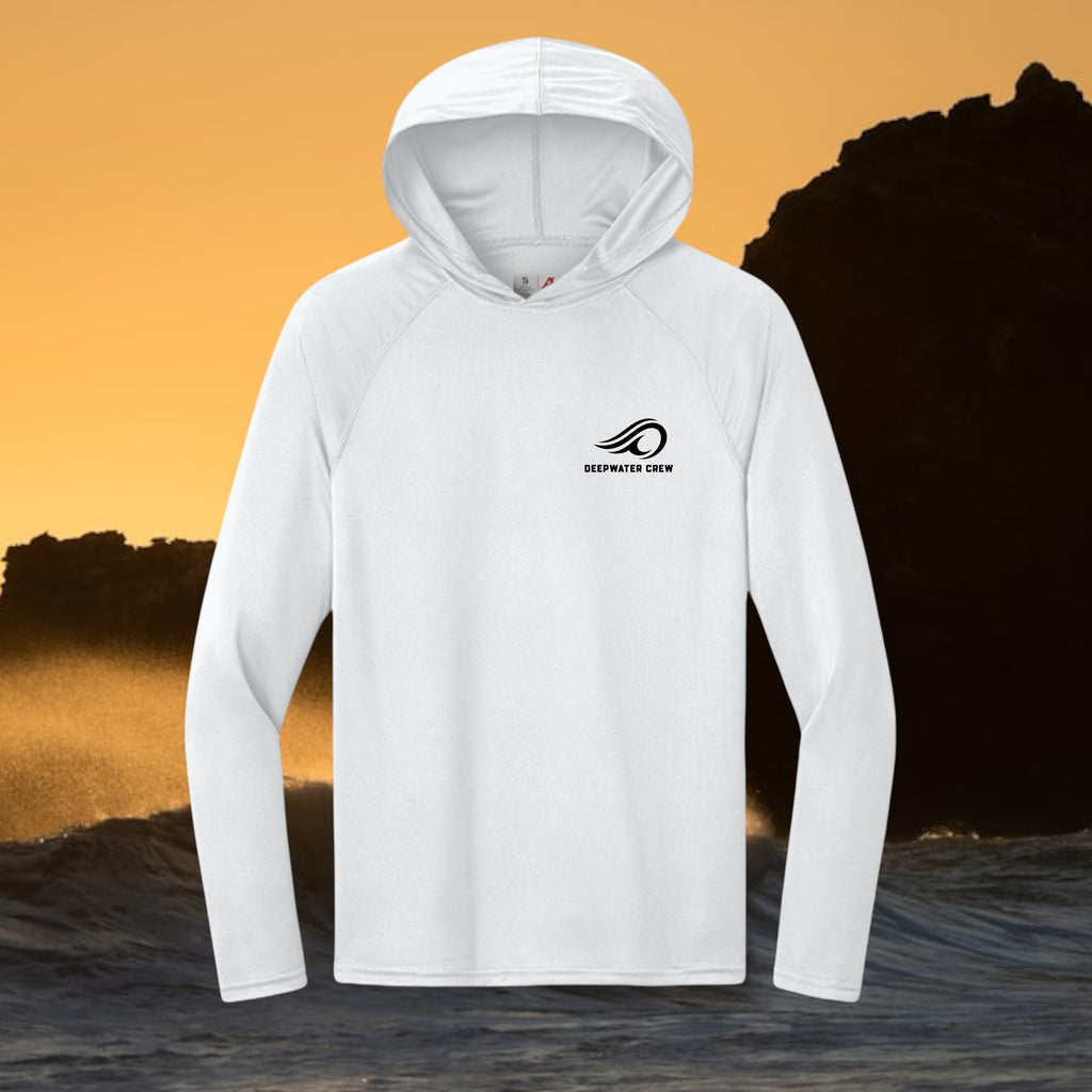 Deepwater Crew Co. white long-sleeve hooded performance shirt with moisture-wicking fabric and UPF 44+ sun protection.