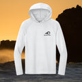 Deepwater Crew Co. white long-sleeve hooded performance shirt with moisture-wicking fabric and UPF 44+ sun protection.
