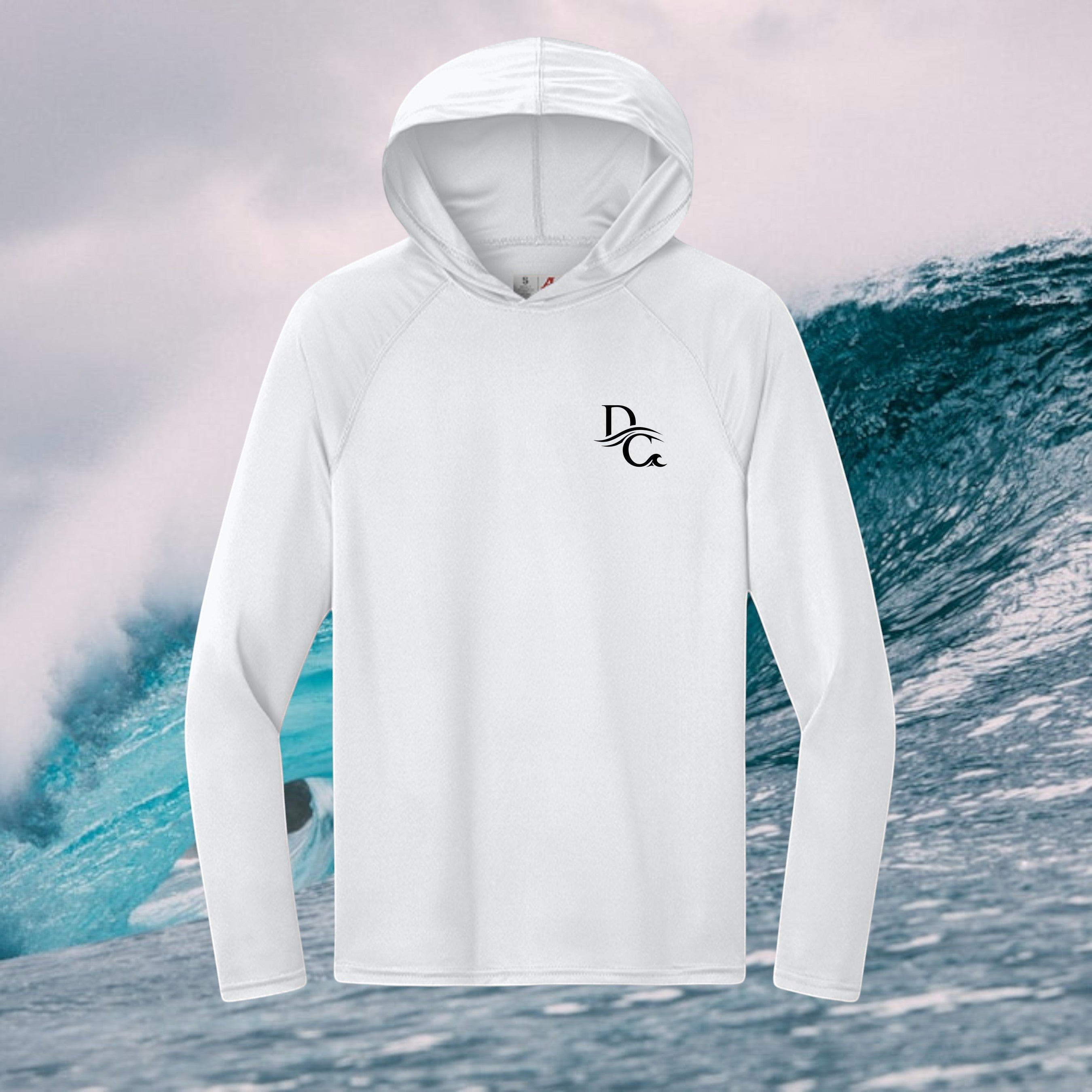 Deepwater Crew Co. white long-sleeve performance hooded shirt with moisture-wicking fabric and UPF 44+ protection.