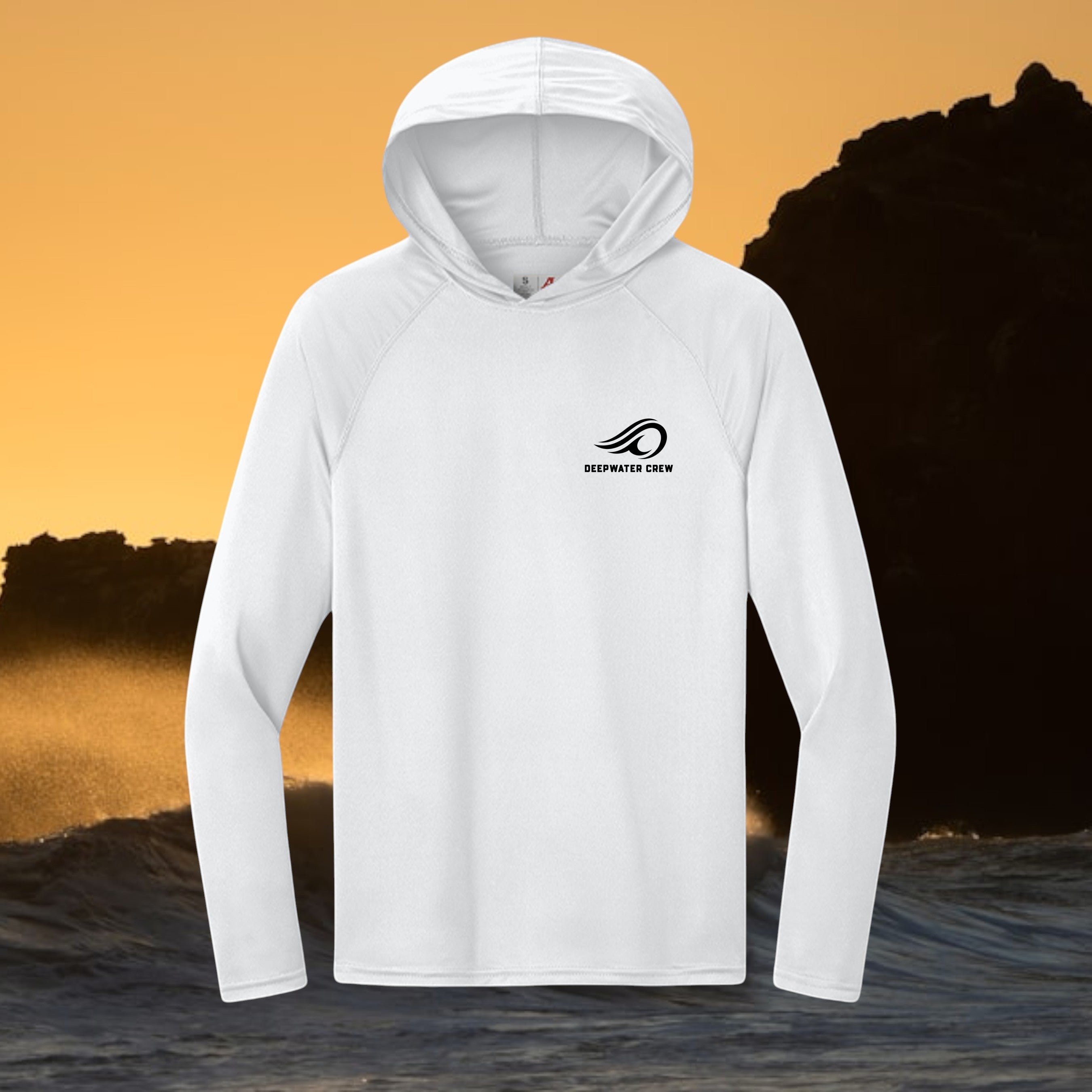 Deepwater Crew Co. white long-sleeve hooded performance shirt with moisture-wicking fabric and UPF 44+ sun protection.