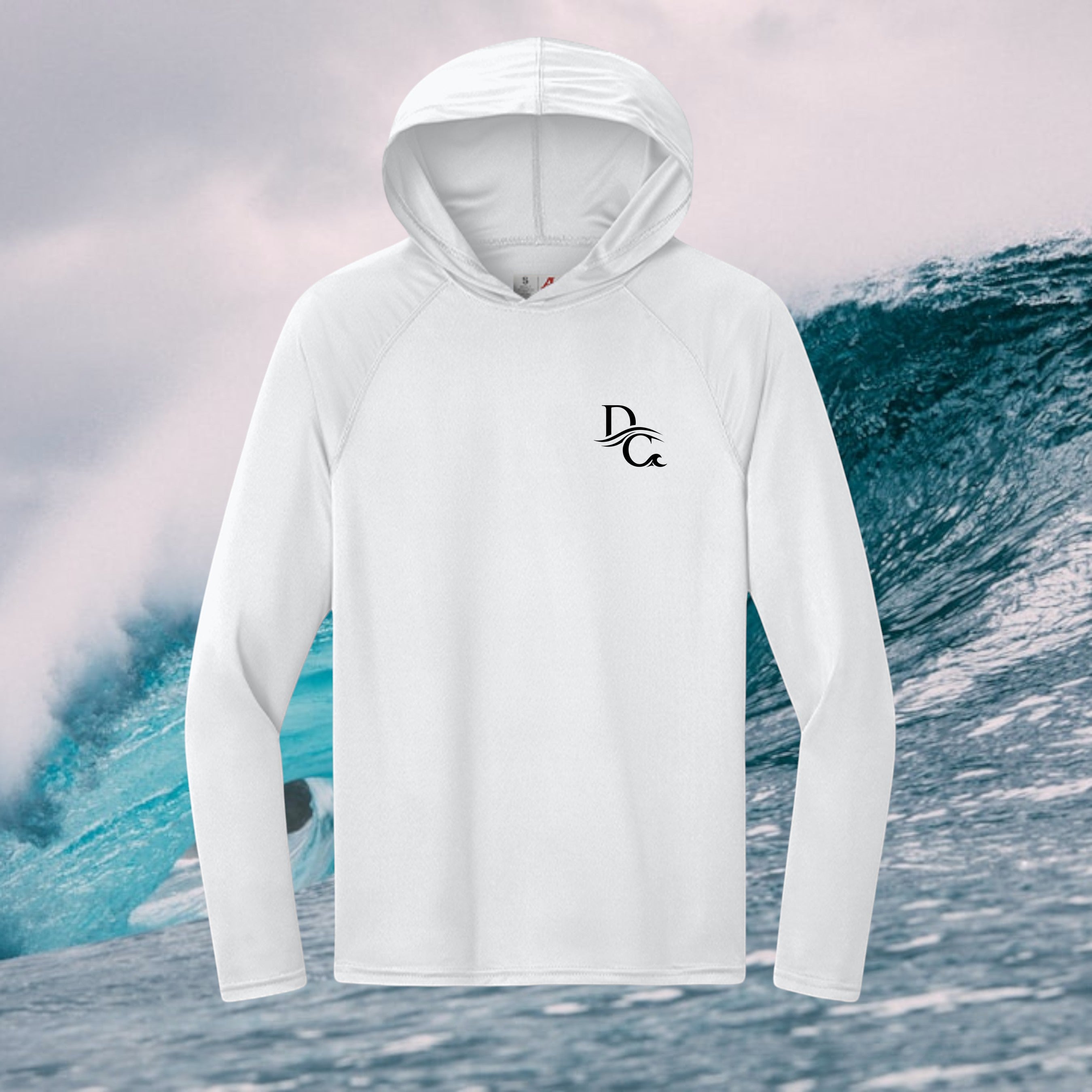 Deepwater Crew Co. white long-sleeve performance hooded shirt with moisture-wicking fabric and UPF 44+ protection.