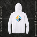 Deepwater Crew Co. White Horizon UPF 44+ performance hoodie. Back view of hoodie with a  nautical wave, sun, compass graphic.