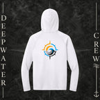 Deepwater Crew Co. White Horizon UPF 44+ performance hoodie. Back view of hoodie with a  nautical wave, sun, compass graphic.