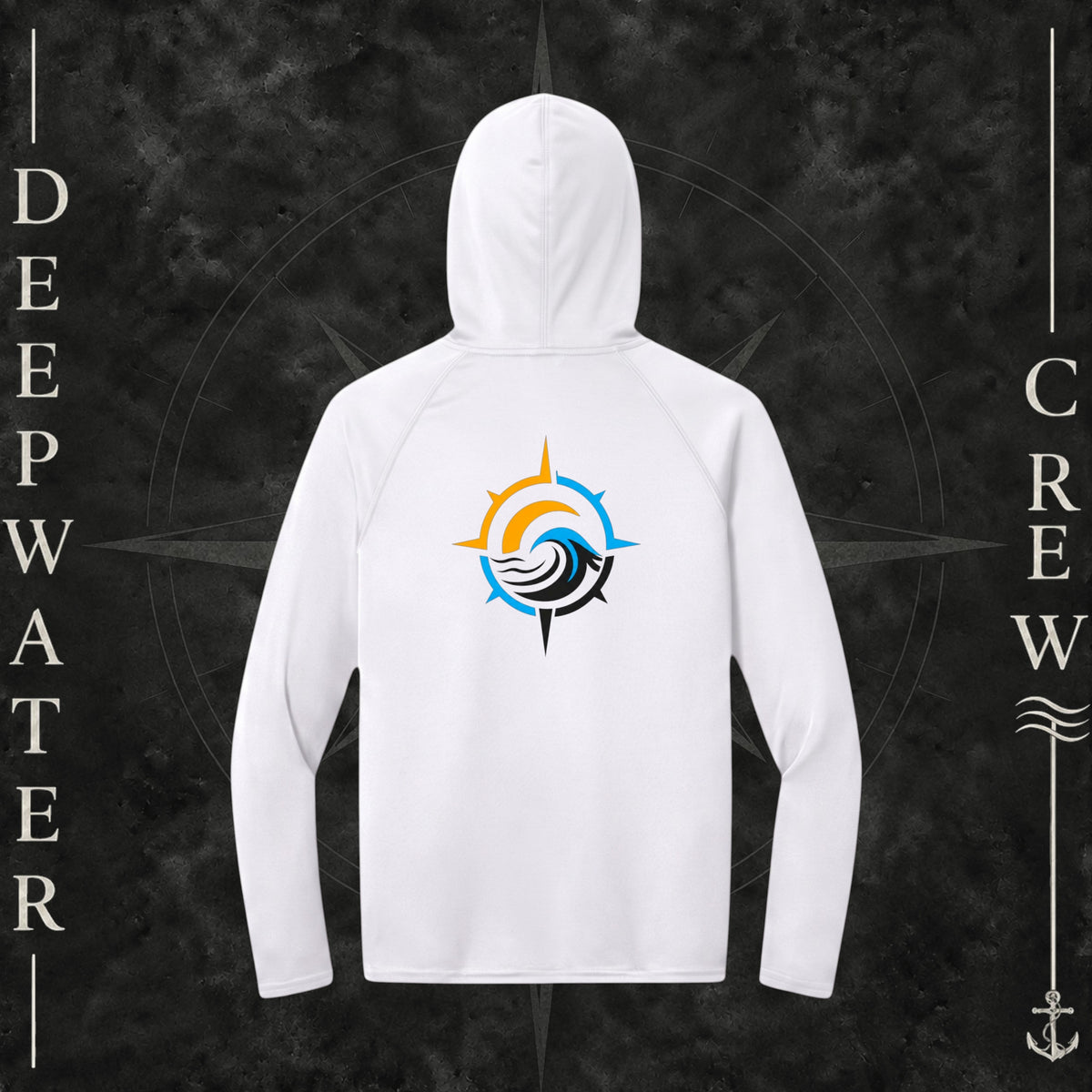 Deepwater Crew Co. White Horizon UPF 44+ performance hoodie. Back view of hoodie with a  nautical wave, sun, compass graphic.