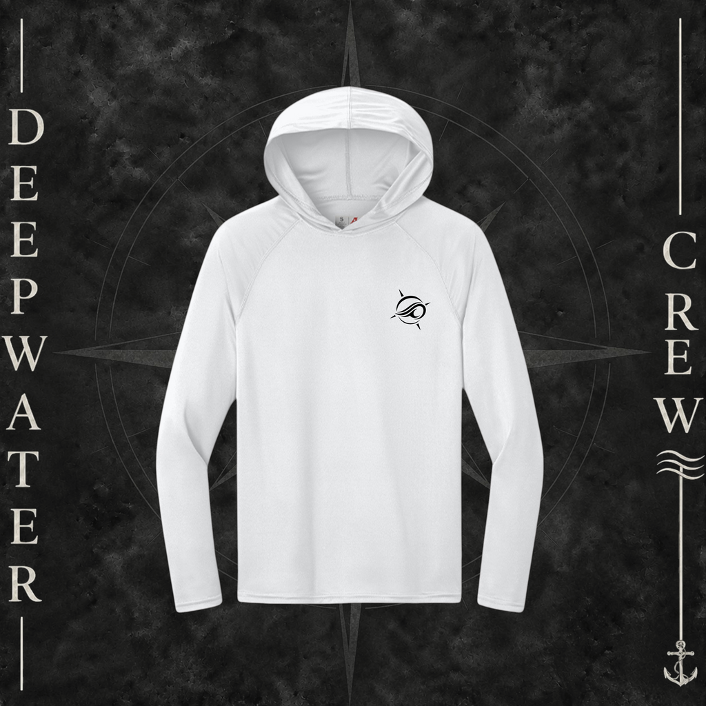 Deepwater Crew Co. White Horizon UPF 44+ performance hoodie. Front view of hoodie with a  deepwater crew logo graphic on the left chest.