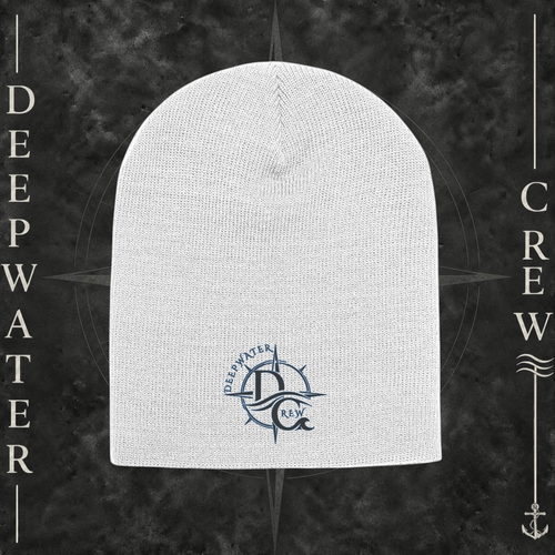White Deepwater Crew Co. knit beanie with navy compass logo on front, Yupoong 1500 acrylic cap