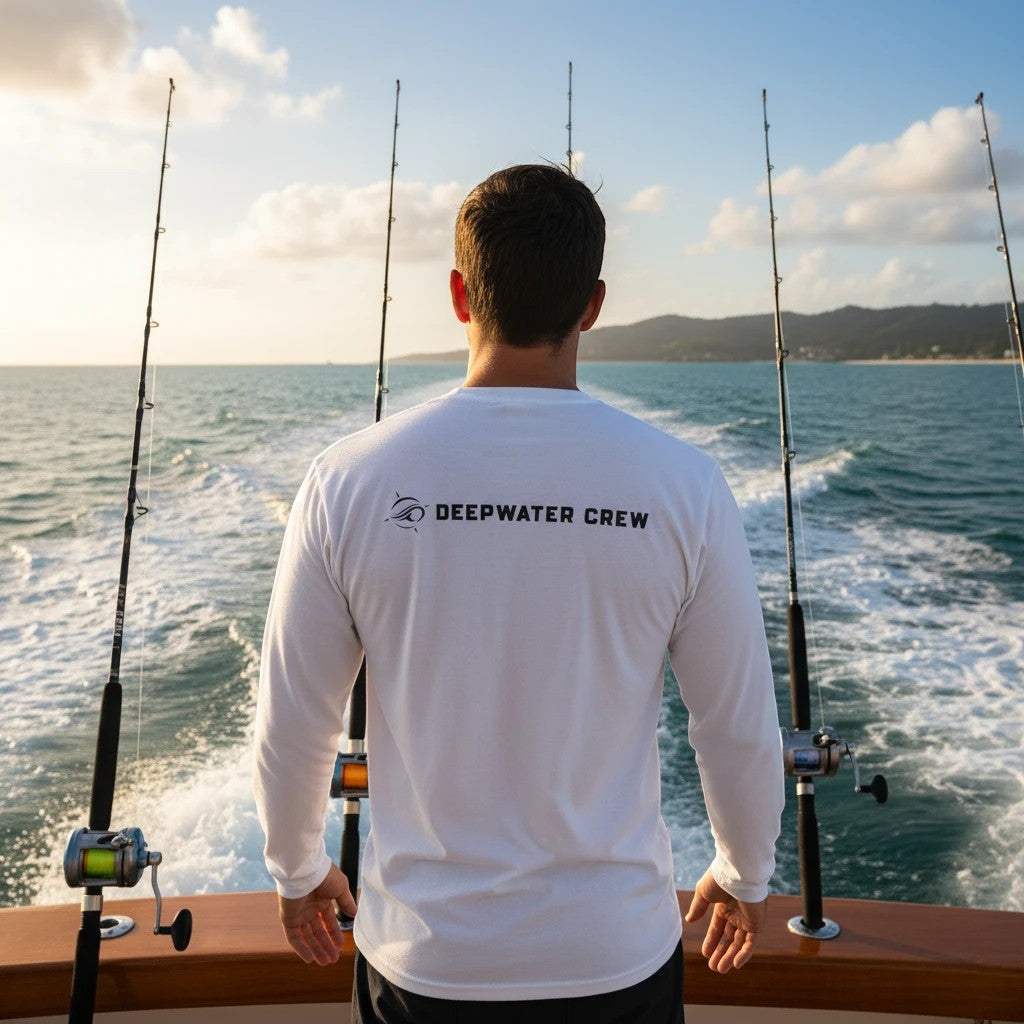 Deepwater Crew Co. white long-sleeve polyester performance tee with UPF 44+ sun protection, worn by a man on a boat.