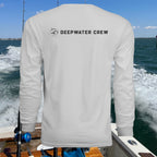 Deepwater Crew Co. white long-sleeve performance tee with UPF 44+ sun protection, ideal for outdoor activities.