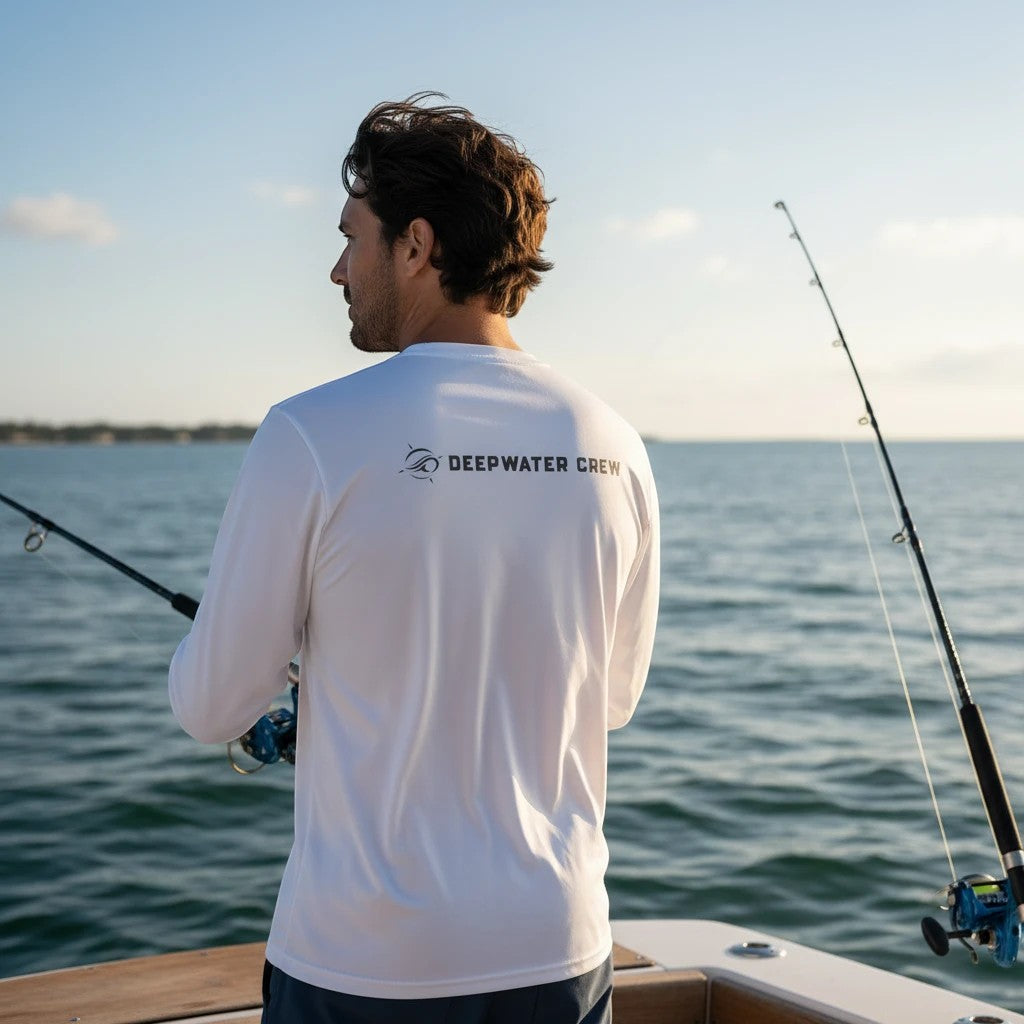 Deepwater Crew Co. white long-sleeve polyester performance tee with UPF 44+ sun protection, worn by a man fishing.