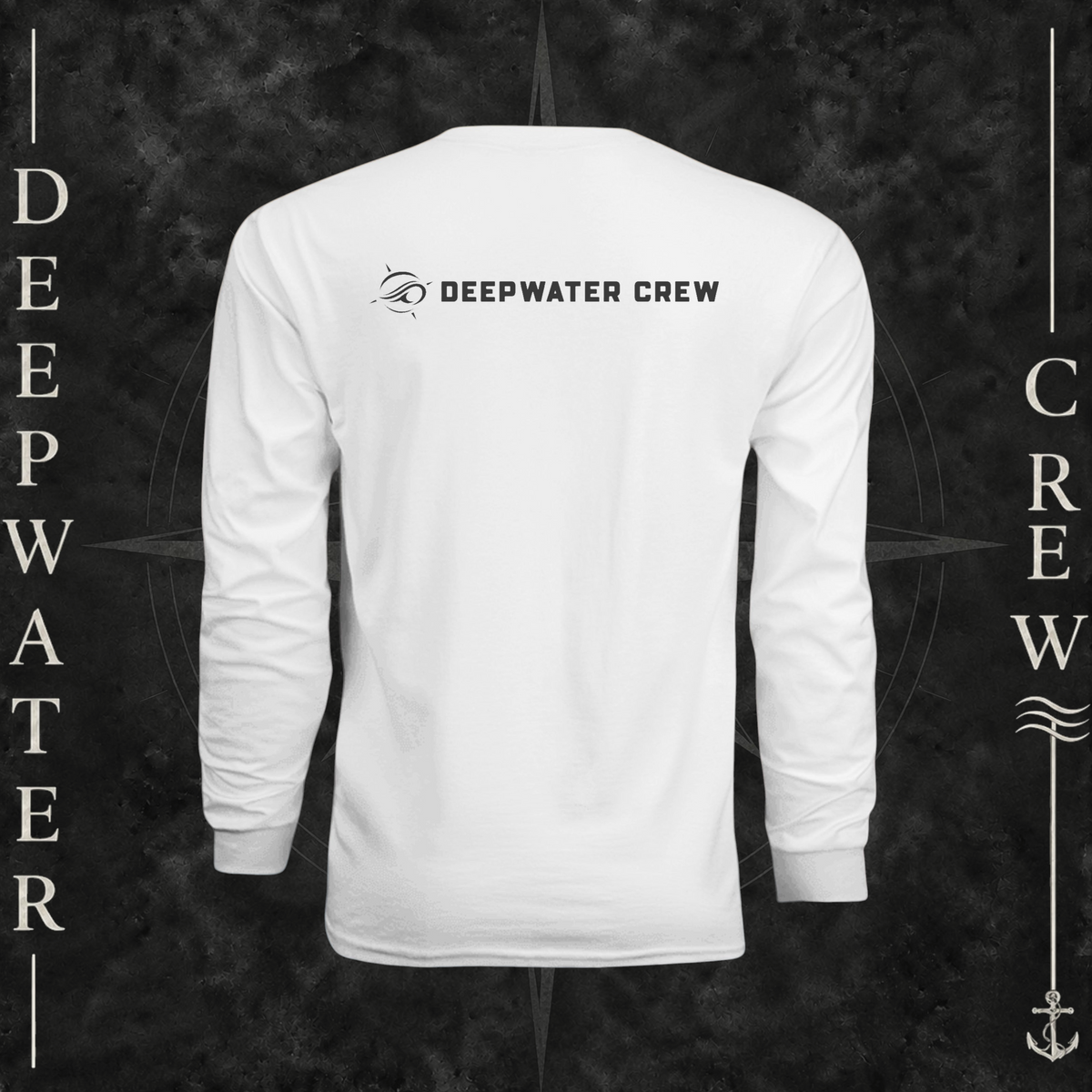 Deepwater Crew Co. white long-sleeve performance sun shirt with back logo, worn on a boat for offshore fishing.