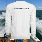 Deepwater Crew Co. white long-sleeve polyester tee with UPF sun protection, ideal for fishing and water activities.