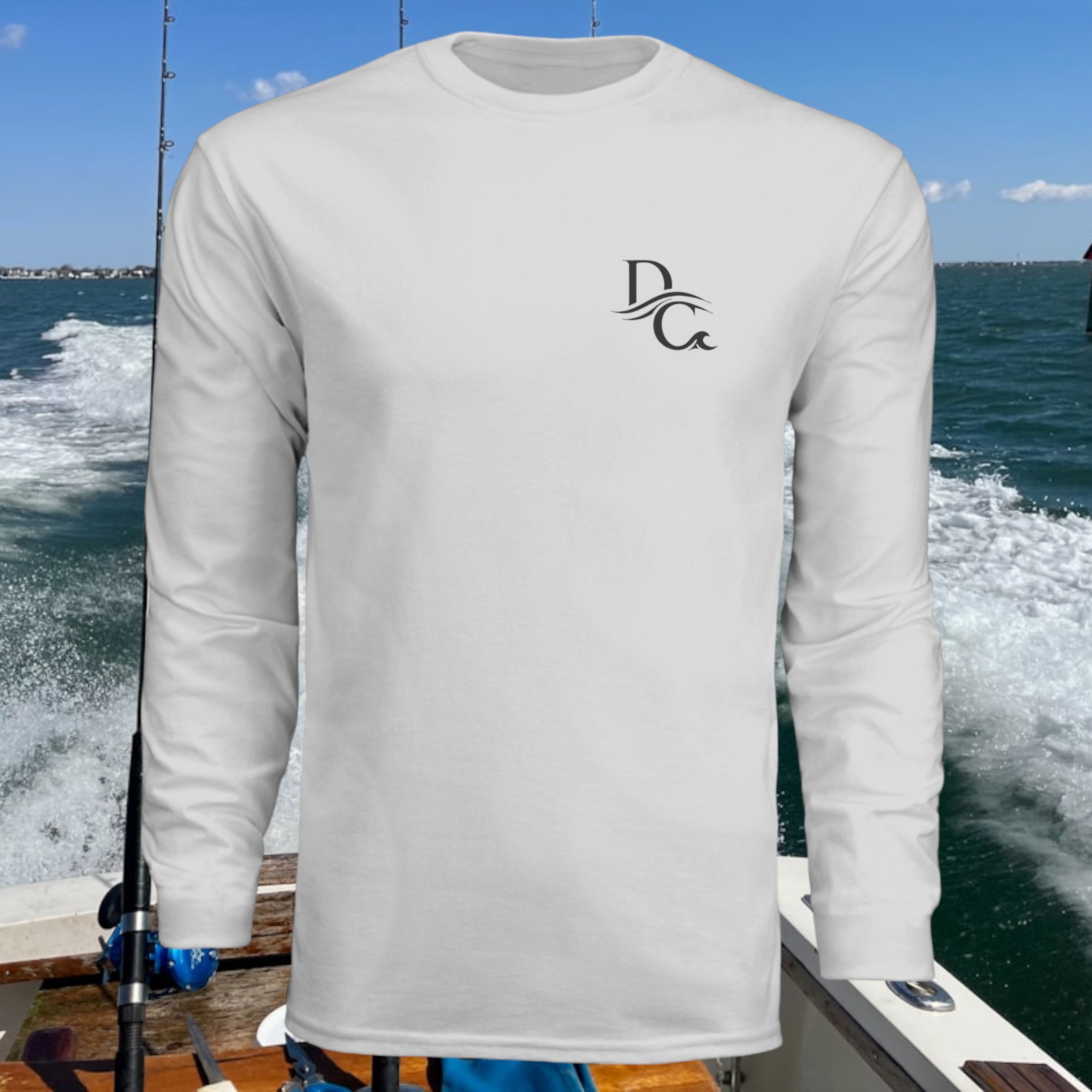 Deepwater Crew Co. white 100% polyester long-sleeve tee with UPF 44+ sun protection and moisture-wicking.