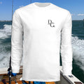 Deepwater Crew Co. white 100% polyester long-sleeve tee with UPF 44+ sun protection, ideal for fishing and water activities.