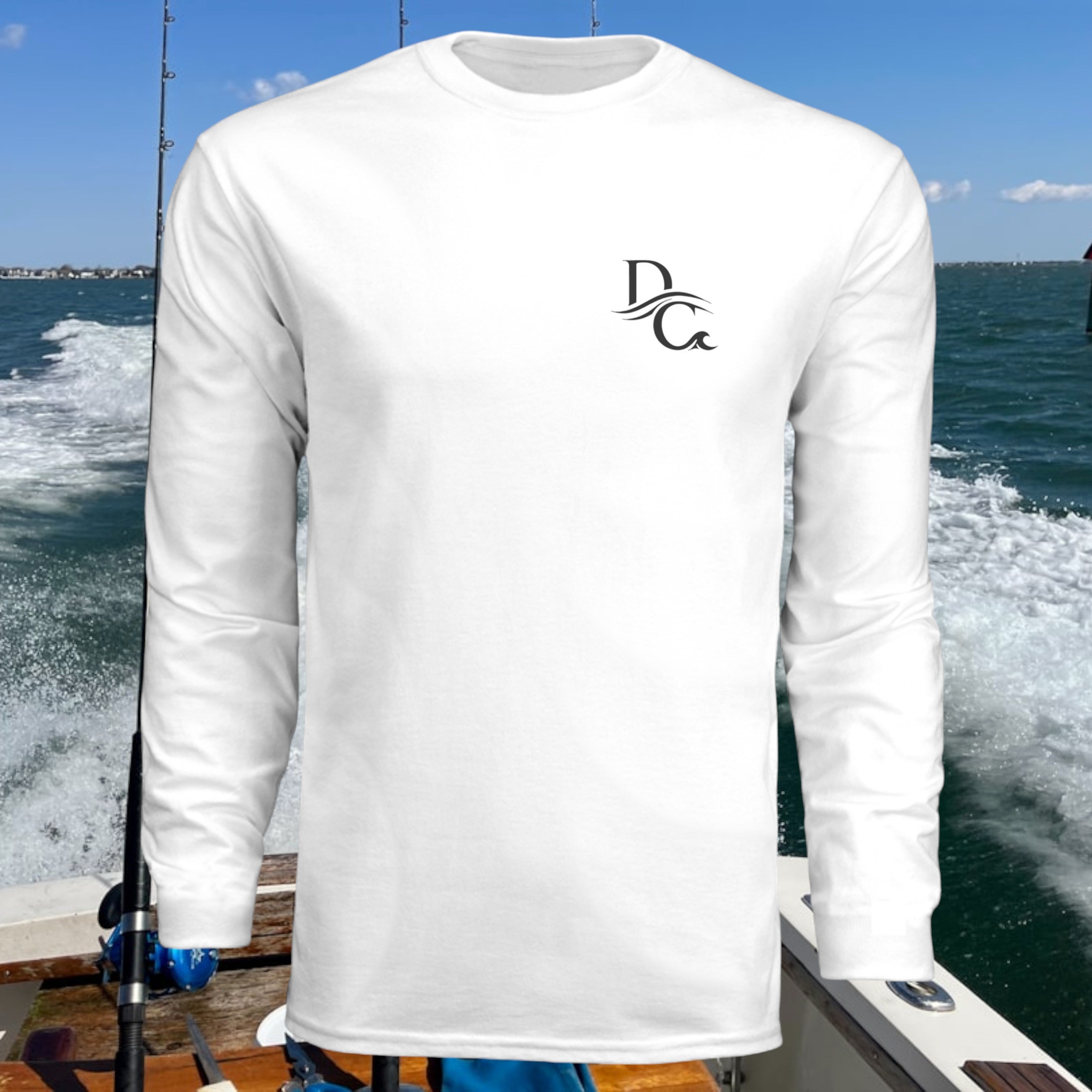 Deepwater Crew Co. white 100% polyester long-sleeve tee with UPF 44+ sun protection, ideal for fishing and water activities.