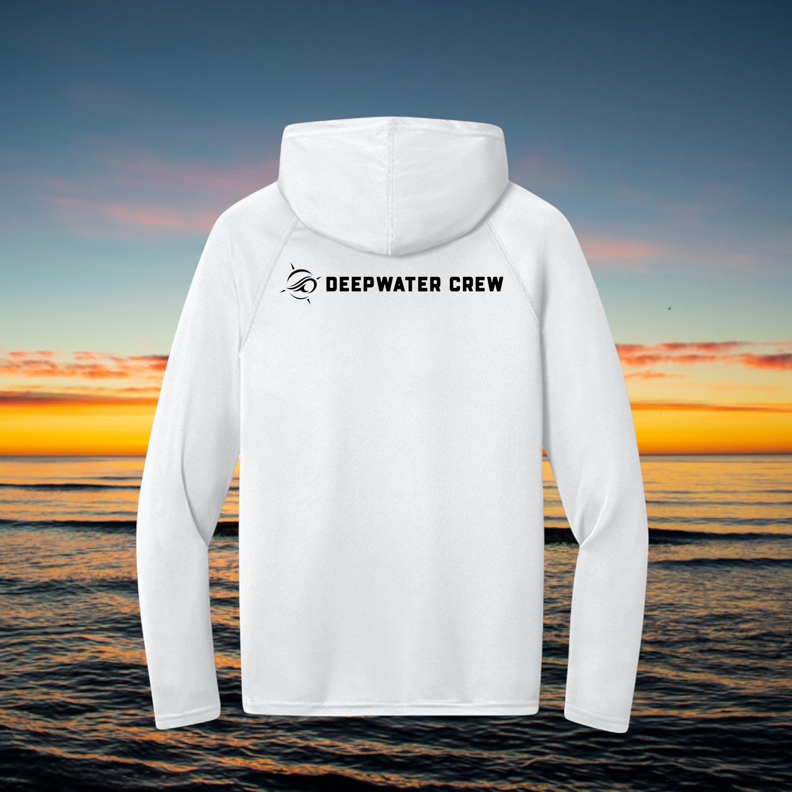 Back view of a white Deepwater Crew Co. performance hoodie with raglan sleeves and a black logo on the upper back.