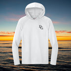 Deepwater Crew Co. white long-sleeve performance hoodie with moisture-wicking fabric and a small black chest logo.