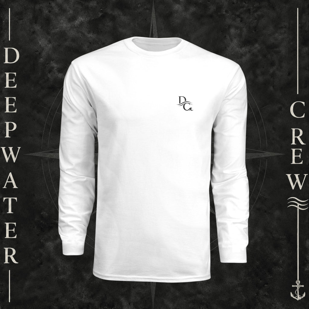 Deepwater Crew Co. white long-sleeve performance shirt with UPF 44+ protection on a fishing boat deck.