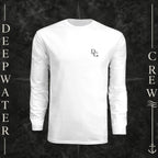 Deepwater Crew Co. white long-sleeve performance shirt with UPF 44+ protection on a fishing boat deck.
